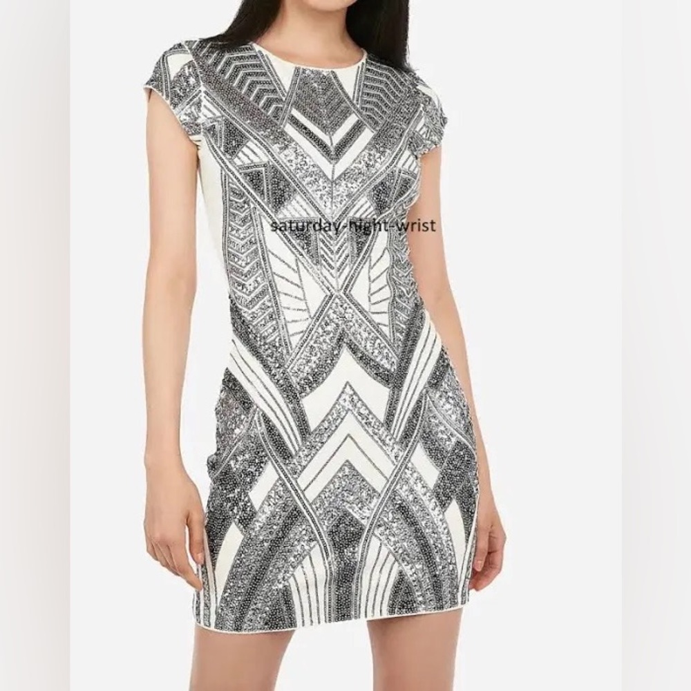 NWT EXPRESS SEQUIN DECO CAP SLEEVE SILVER SHEATH DRESS